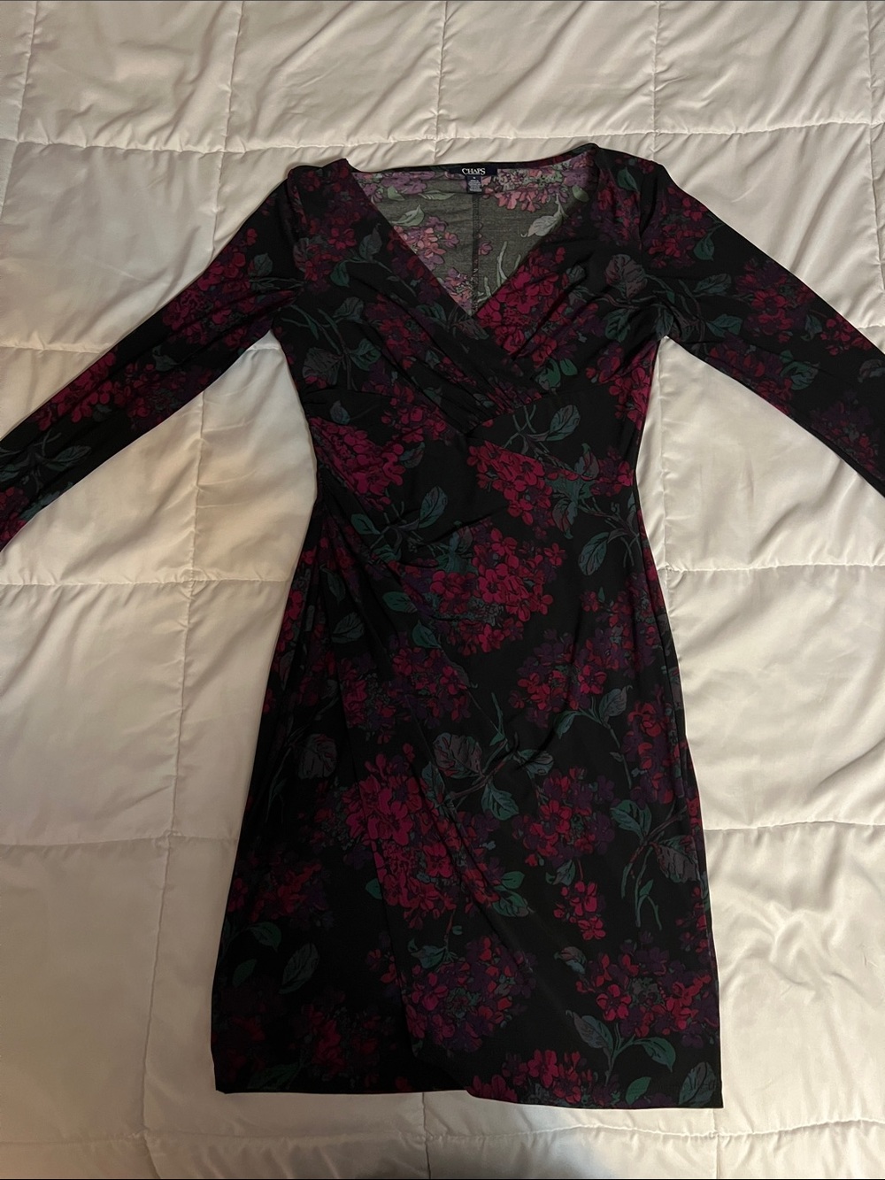 Chaps Black Dress with Magenta Floral Print